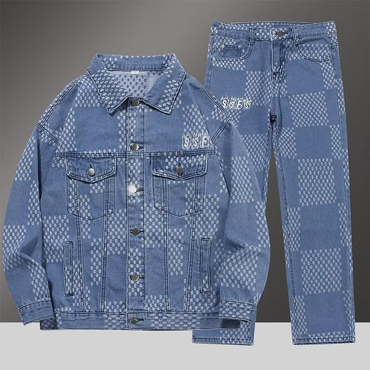 Plaid Denim Jacket and Pants Set for Men Retro Casual Outfit