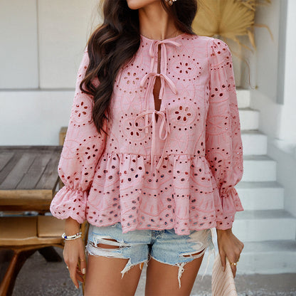 Loose Fit Lace-Up Cut Out Knit Shirt for Women