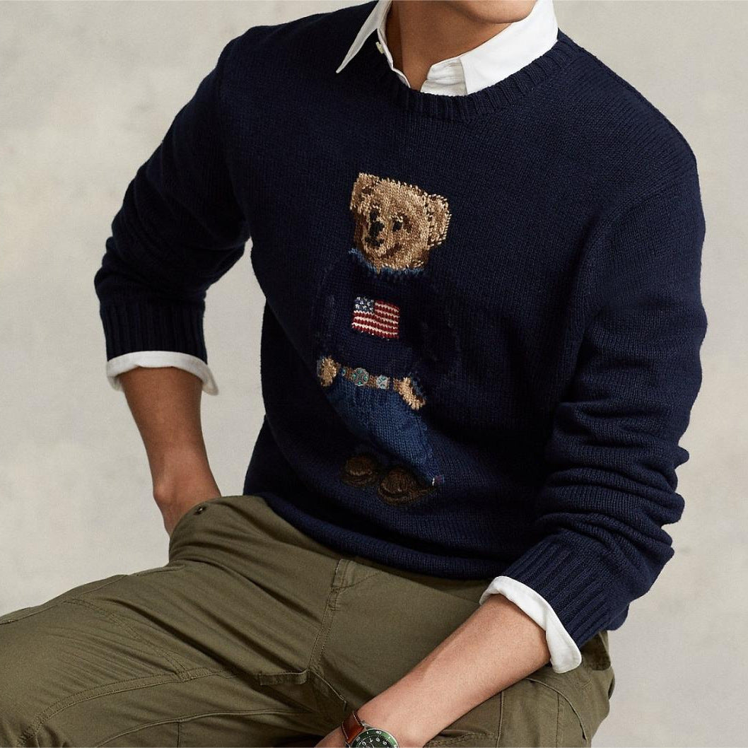 Embroidered bear crew-neck knitted sweater