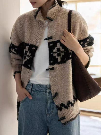 Short high-necked sheepskin button-up sweater
