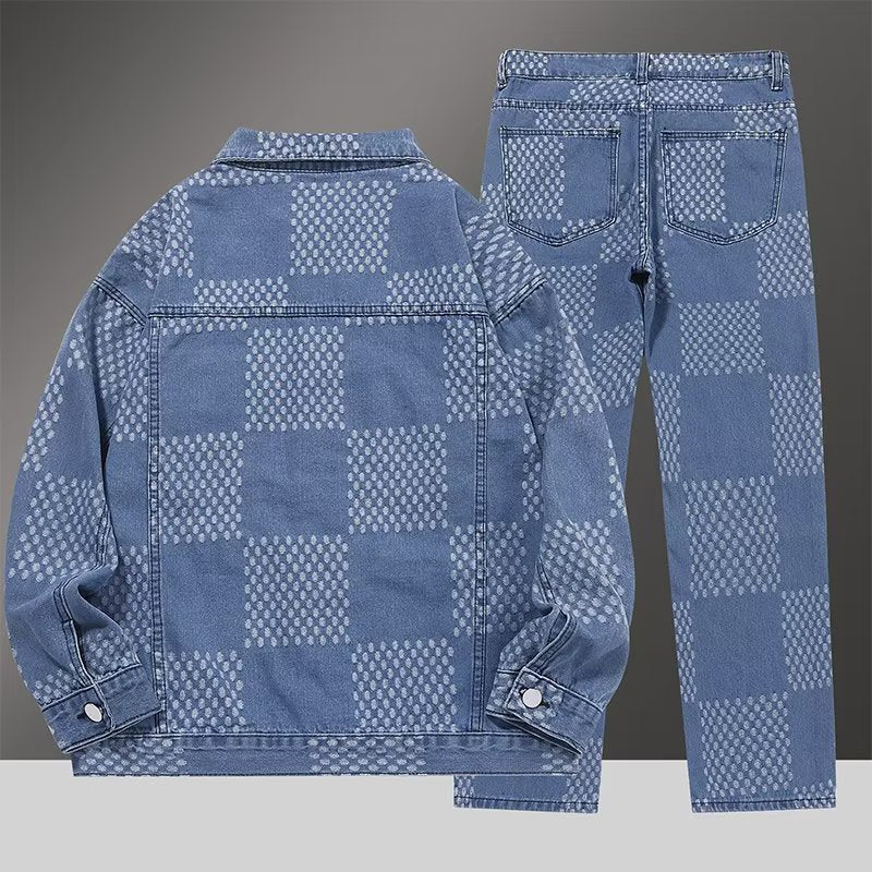 Plaid Denim Jacket and Pants Set for Men Retro Casual Outfit