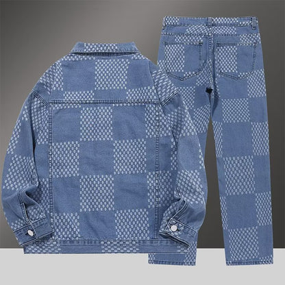 Plaid Denim Jacket and Pants Set for Men Retro Casual Outfit