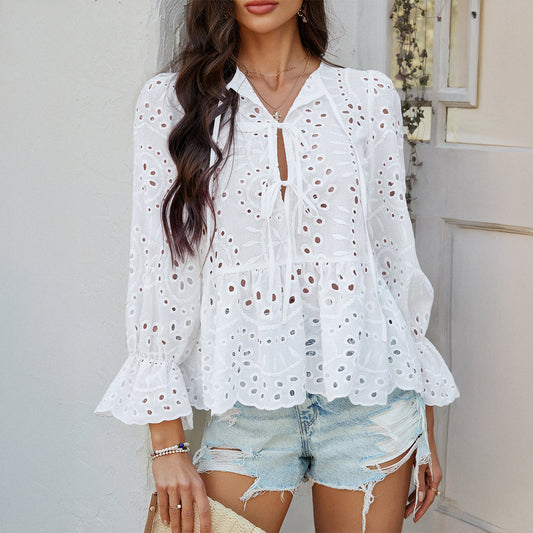 Loose Fit Lace-Up Cut Out Knit Shirt for Women