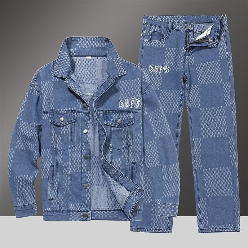 Plaid Denim Jacket and Pants Set for Men Retro Casual Outfit