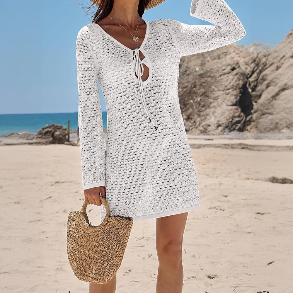Sexy V Neck Knitted Beach Cover Up Dress