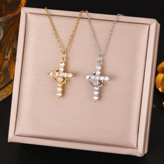 Rotatable Crown Diamond Cross Necklace for Women