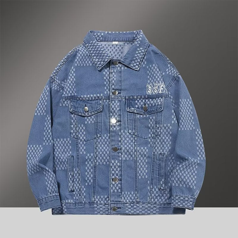 Plaid Denim Jacket and Pants Set for Men Retro Casual Outfit