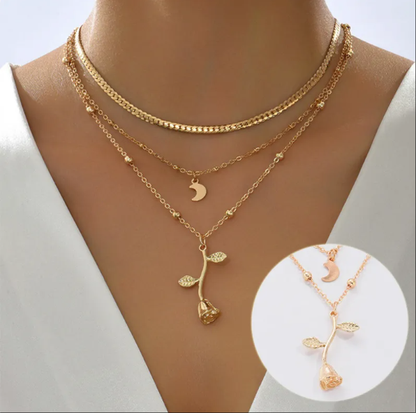 Bohemia Multilayer Moon Gold Color Pendant Necklaces For Women Rose Flower Choker Necklace 2025 Fashion Jewelry Party Gift Valentine's Day Gifts