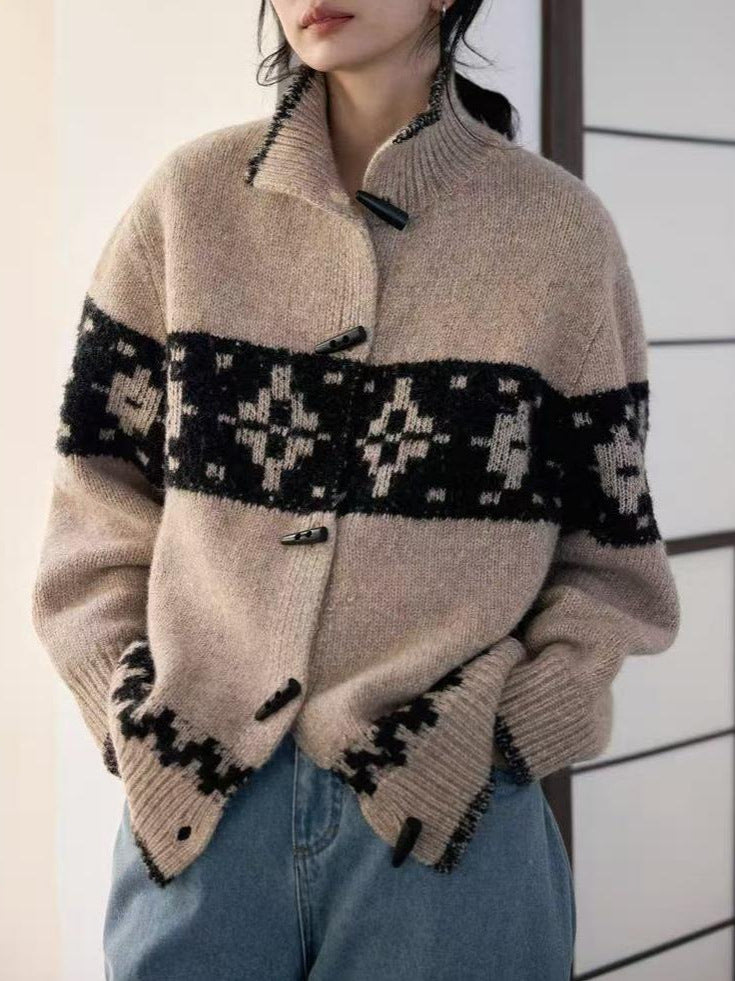 Short high-necked sheepskin button-up sweater