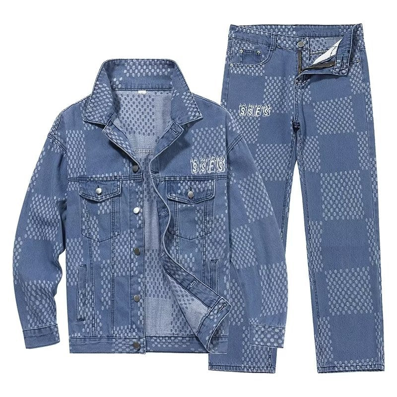 Plaid Denim Jacket and Pants Set for Men Retro Casual Outfit