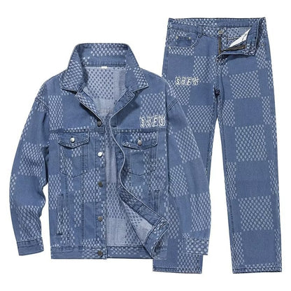 Plaid Denim Jacket and Pants Set for Men Retro Casual Outfit
