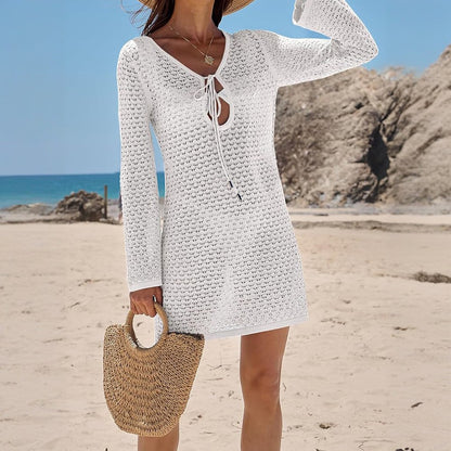 Sexy V Neck Knitted Beach Cover Up Dress