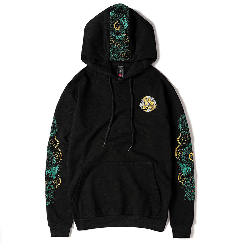 Dragon-patterned embroidered hooded sweatshirt