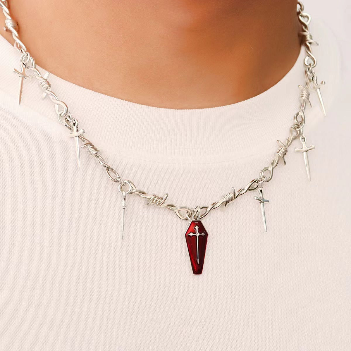Dark Gothic Coffin Cross Sword Thorn Necklace