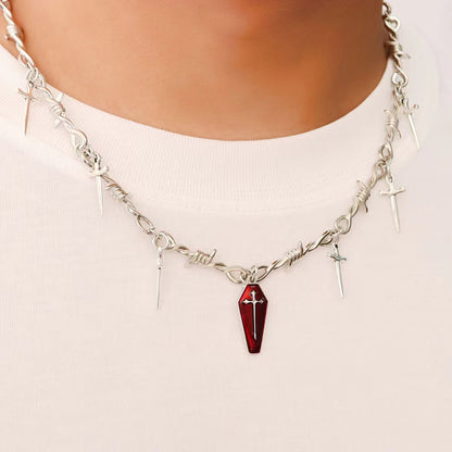 Dark Gothic Coffin Cross Sword Thorn Necklace