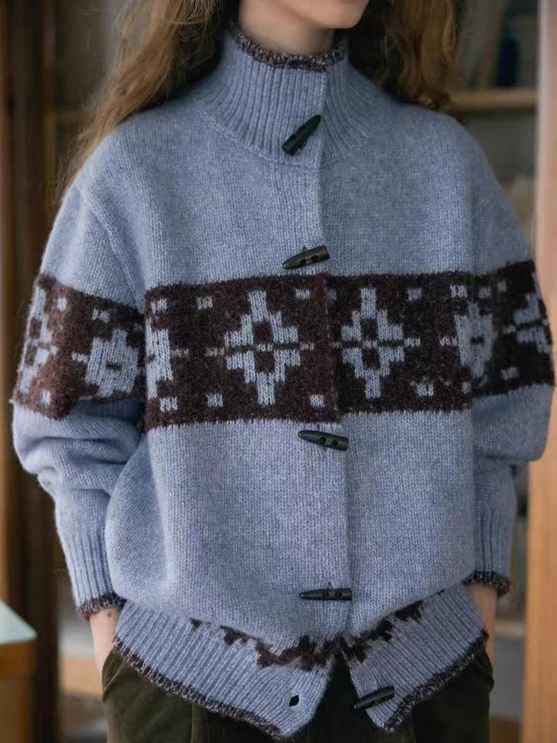 Short high-necked sheepskin button-up sweater