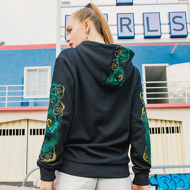 Dragon-patterned embroidered hooded sweatshirt