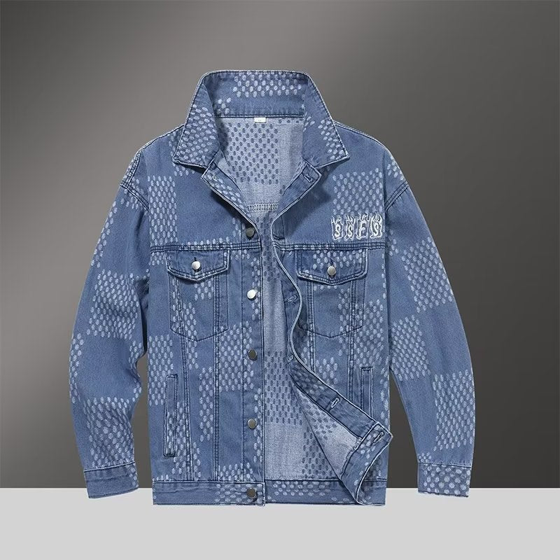 Plaid Denim Jacket and Pants Set for Men Retro Casual Outfit